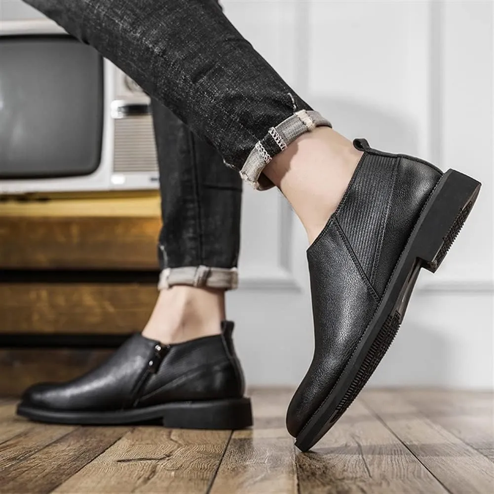 Round Toe Ankle Boots for Men Elastic Bandage with Zipper Cowhide Leather Wearable Slip On Waterproof Casual