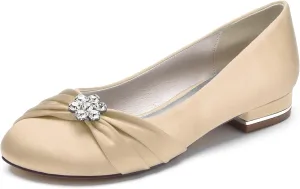 Round Toe Satin Flats Wedding Shoes for Bride Comfortable Bridal Flats Rhinestones Prom Evening Party Dress Pumps for Women Champagne Size 7