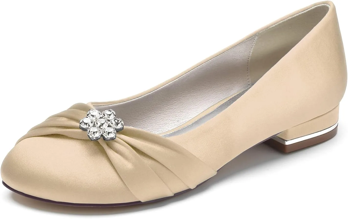 Round Toe Satin Flats Wedding Shoes for Bride Comfortable Bridal Flats Rhinestones Prom Evening Party Dress Pumps for Women Champagne Size 7