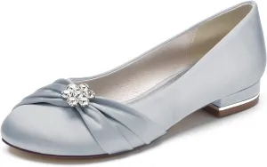Round Toe Satin Flats Wedding Shoes for Bride Comfortable Bridal Flats Rhinestones Prom Evening Party Dress Pumps for Women