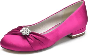 Round Toe Satin Flats Wedding Shoes for Bride Comfortable Bridal Flats Rhinestones Prom Evening Party Dress Pumps for Women