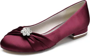 Round Toe Satin Flats Wedding Shoes for Bride Comfortable Bridal Flats Rhinestones Prom Evening Party Dress Pumps for Women