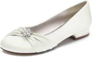 Round Toe Satin Flats Wedding Shoes for Bride Comfortable Bridal Flats Rhinestones Prom Evening Party Dress Pumps for Women