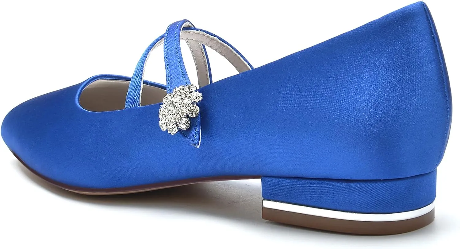Round Toe Satin Wedding Flats for Bride Comfortable Rhinestones White Wedding Shoes Low Heels Mary Janes Bridal Flats Evening Prom Party Dress Shoes Pumps for Women