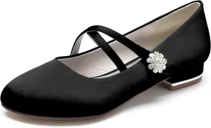Round Toe Satin Wedding Flats for Bride Comfortable Rhinestones White Wedding Shoes Low Heels Mary Janes Bridal Flats Evening Prom Party Dress Shoes Pumps for Women