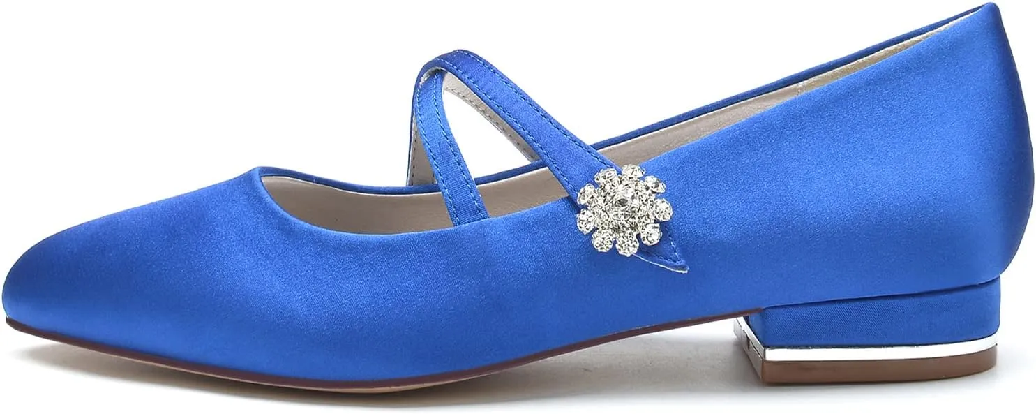 Round Toe Satin Wedding Flats for Bride Comfortable Rhinestones White Wedding Shoes Low Heels Mary Janes Bridal Flats Evening Prom Party Dress Shoes Pumps for Women