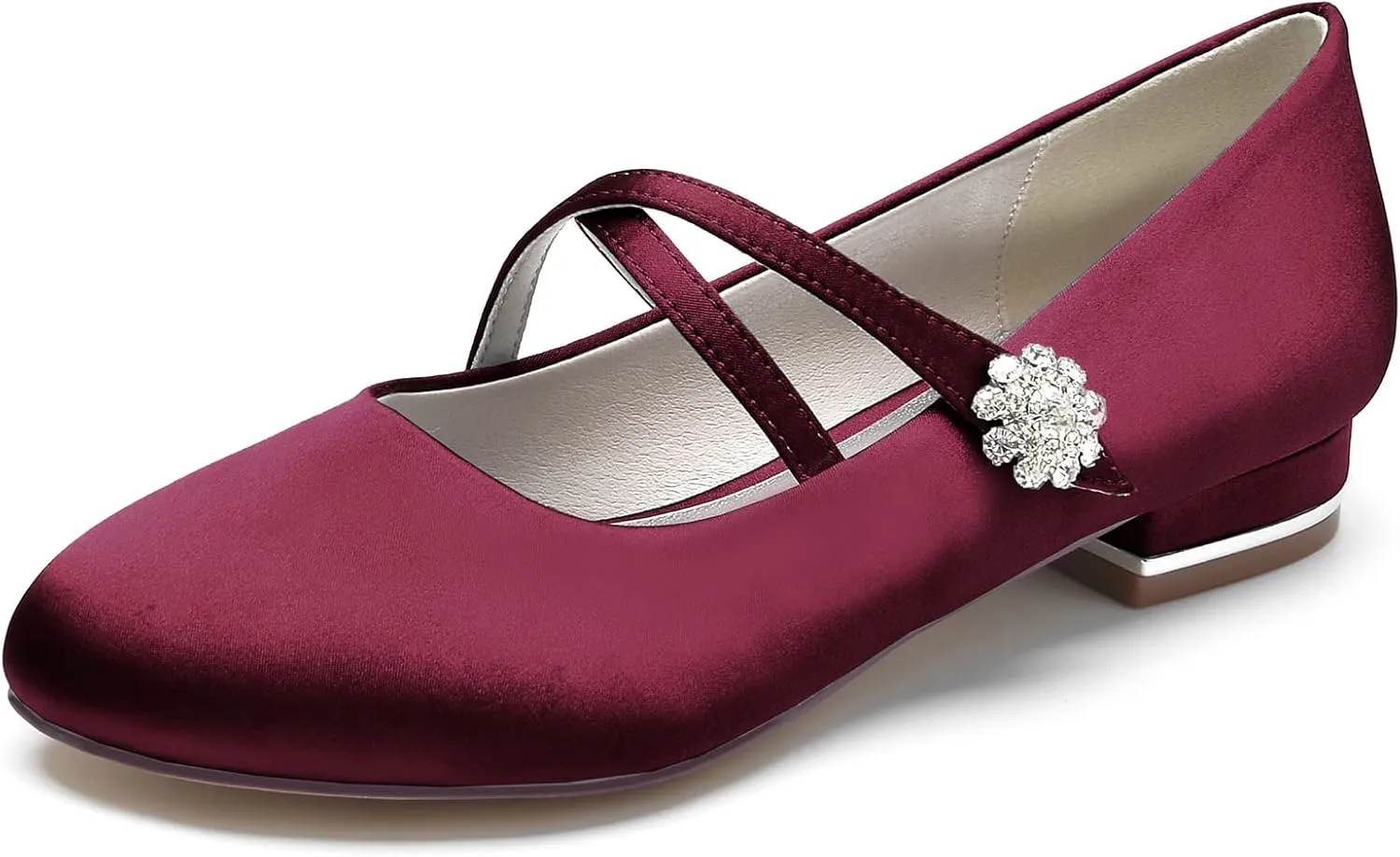 Round Toe Satin Wedding Flats for Bride Comfortable Rhinestones White Wedding Shoes Low Heels Mary Janes Bridal Flats Evening Prom Party Dress Shoes Pumps for Women