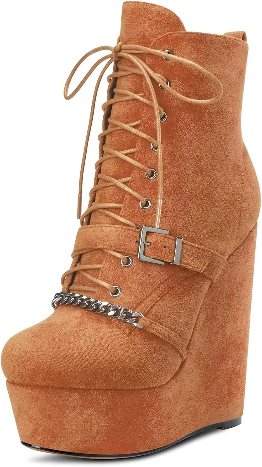 Saekcted Women High Wedge Platform Heel Round Toe Ankle Boots Short Bootie Zipper Cute 5.9 Inches Heels