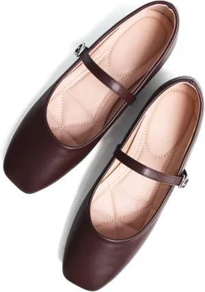 SAILING LU Women's Square Toe Classic Mary Jane Flats Soft PU Leather Walking Shoes Comfortable Slip-ons Solid Color Dress Shoes