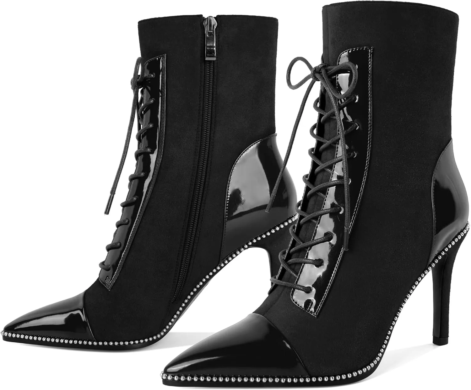 SAMMITOP Women's Lace Up Ankle Boots High Stiletto Heel Pointy Toe Fashion Heeled Booties Silver Beaded Side Zipper Short Boots Shoes 4 Inch