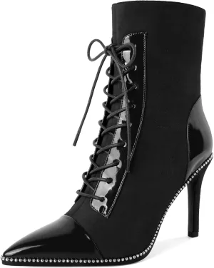 SAMMITOP Women's Lace Up Ankle Boots High Stiletto Heel Pointy Toe Fashion Heeled Booties Silver Beaded Side Zipper Short Boots Shoes 4 Inch