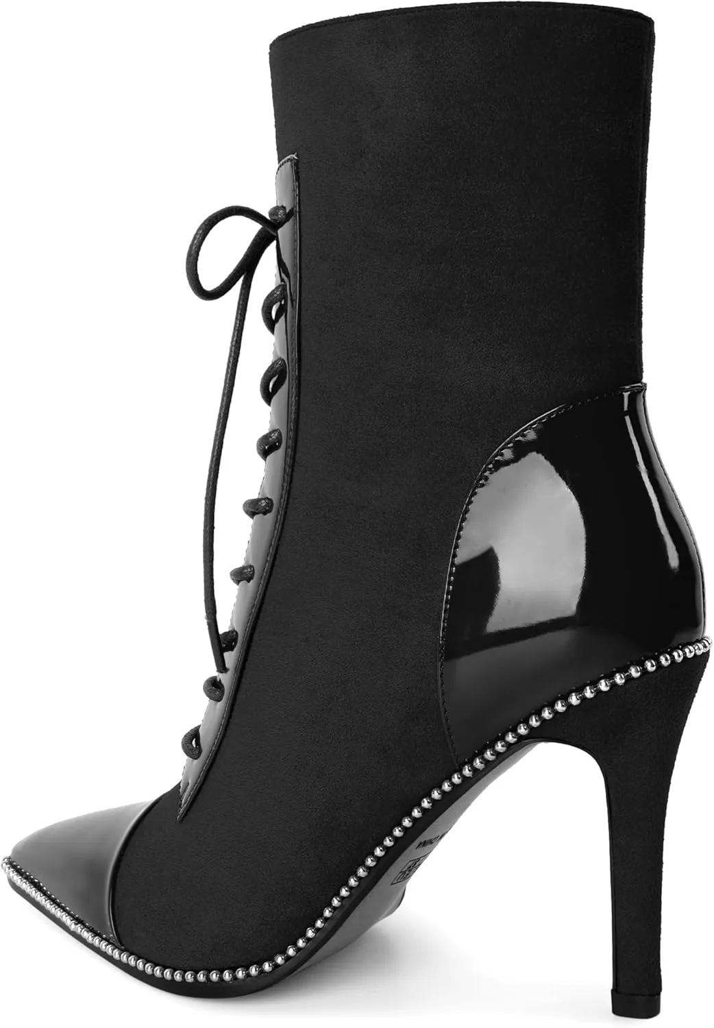SAMMITOP Women's Lace Up Ankle Boots High Stiletto Heel Pointy Toe Fashion Heeled Booties Silver Beaded Side Zipper Short Boots Shoes 4 Inch