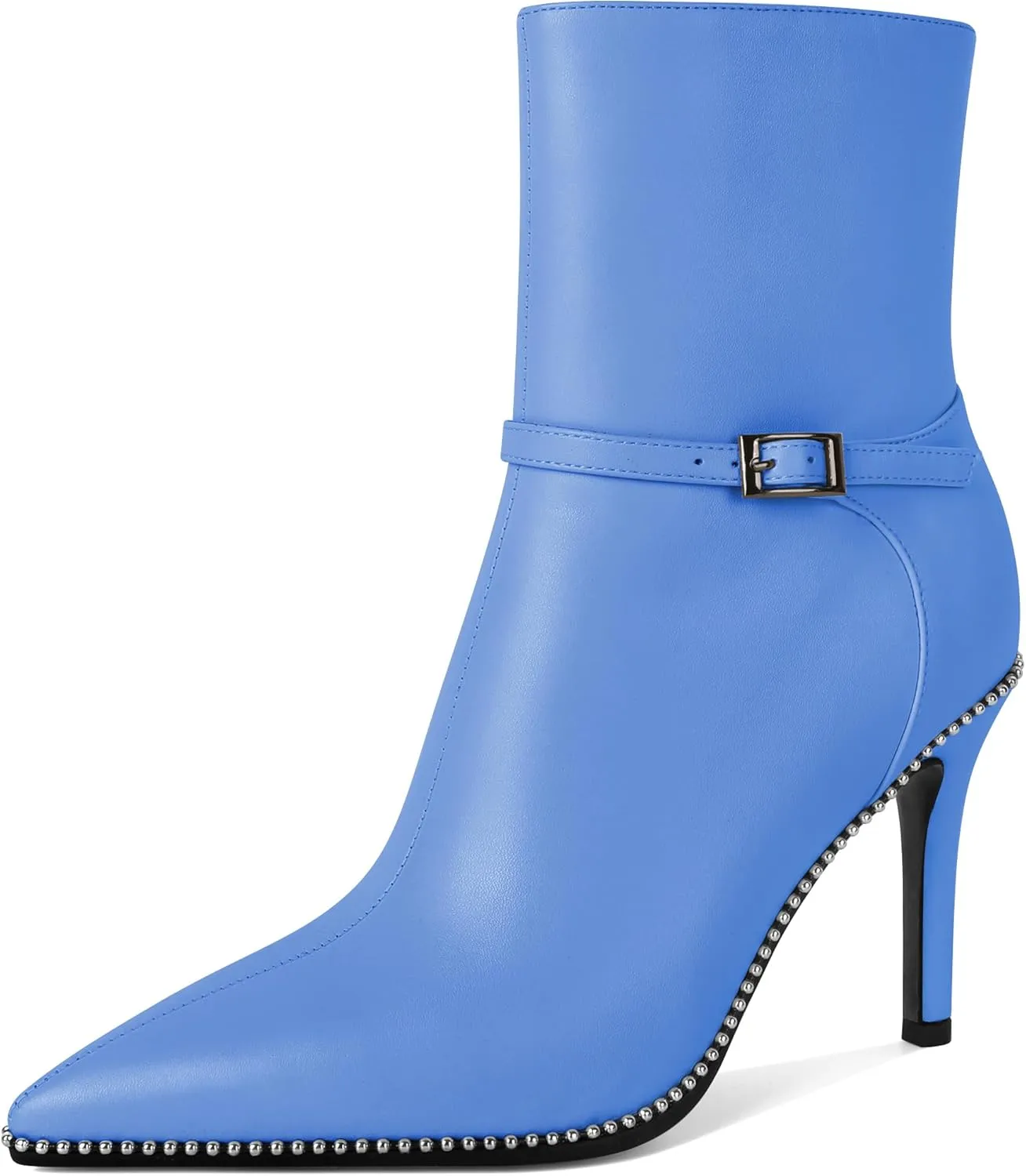 SAMMITOP Women's Pointed Toe Ankle Boots Sexy Stiletto High Heels Ankle Booties Buckle Strap Beaded Short Boots with Side Zipper 4 Inch