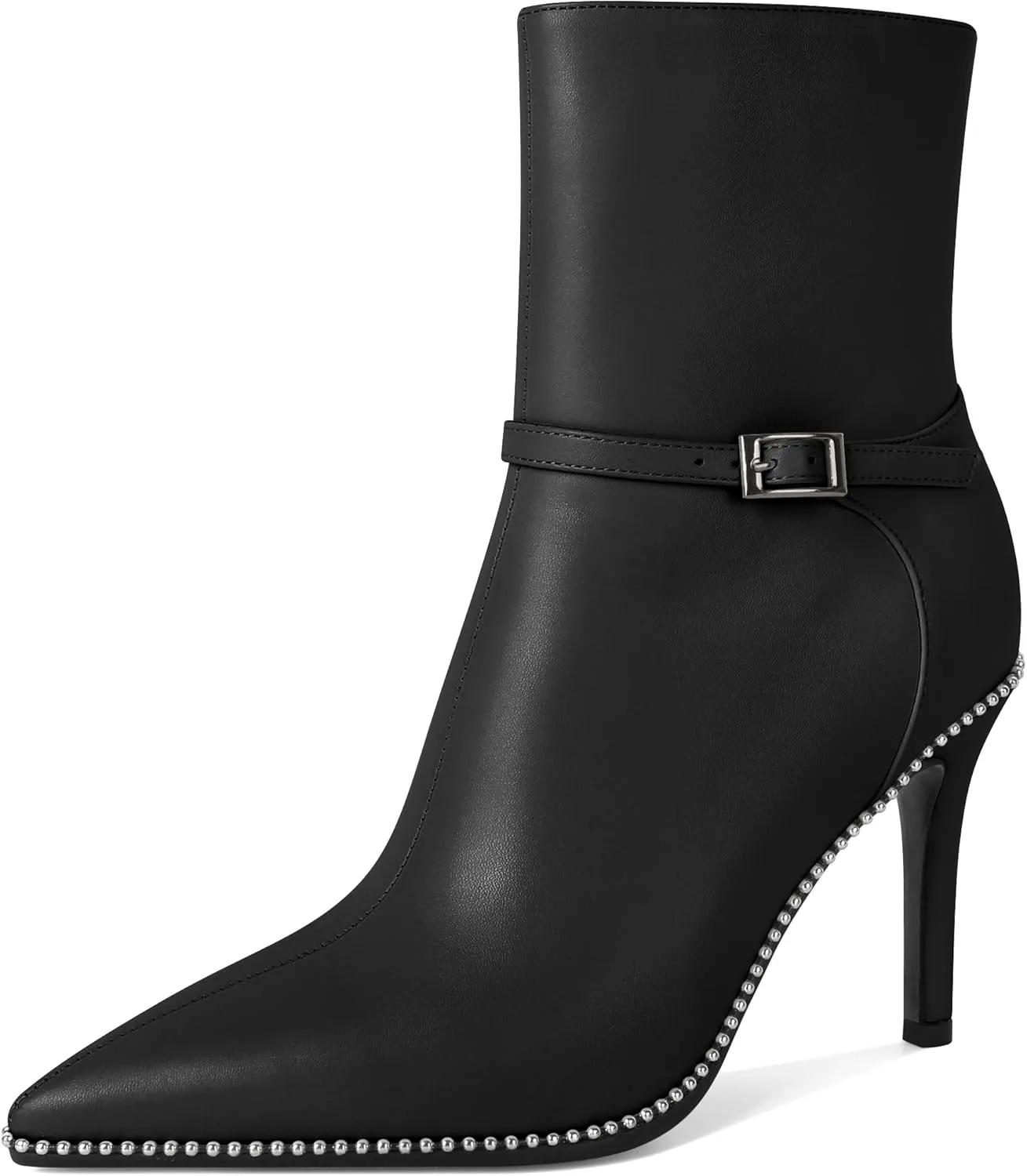 SAMMITOP Women's Pointed Toe Ankle Boots Sexy Stiletto High Heels Ankle Booties Buckle Strap Beaded Short Boots with Side Zipper 4 Inch