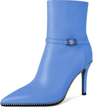 SAMMITOP Women's Pointed Toe Ankle Boots Sexy Stiletto High Heels Ankle Booties Buckle Strap Beaded Short Boots with Side Zipper 4 Inch