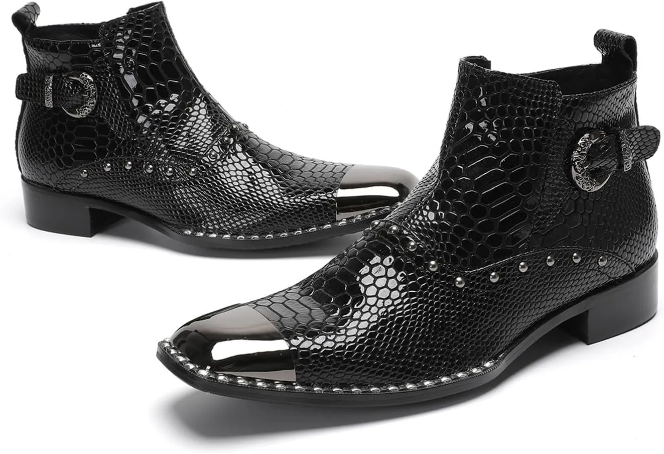 Santimon Men's Chelsea Boots Casual Dress Genuine Leather Ankle Boots Metal-Square Toe Snakeskin Texture Beads Western Boots Fashion Prom Wedding Tuxedo Ballroom Party Disco Cowboy Boots for Men