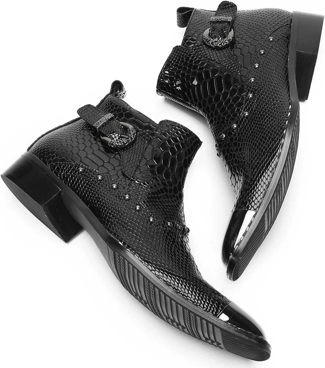 Santimon Men's Chelsea Boots Casual Dress Genuine Leather Ankle Boots Metal-Square Toe Snakeskin Texture Beads Western Boots Fashion Prom Wedding Tuxedo Ballroom Party Disco Cowboy Boots for Men