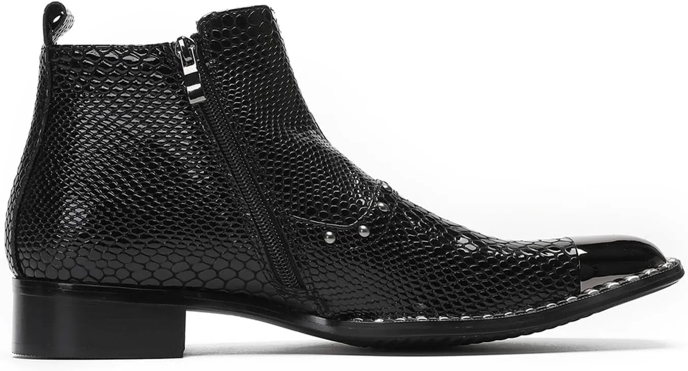 Santimon Men's Chelsea Boots Casual Dress Genuine Leather Ankle Boots Metal-Square Toe Snakeskin Texture Beads Western Boots Fashion Prom Wedding Tuxedo Ballroom Party Disco Cowboy Boots for Men
