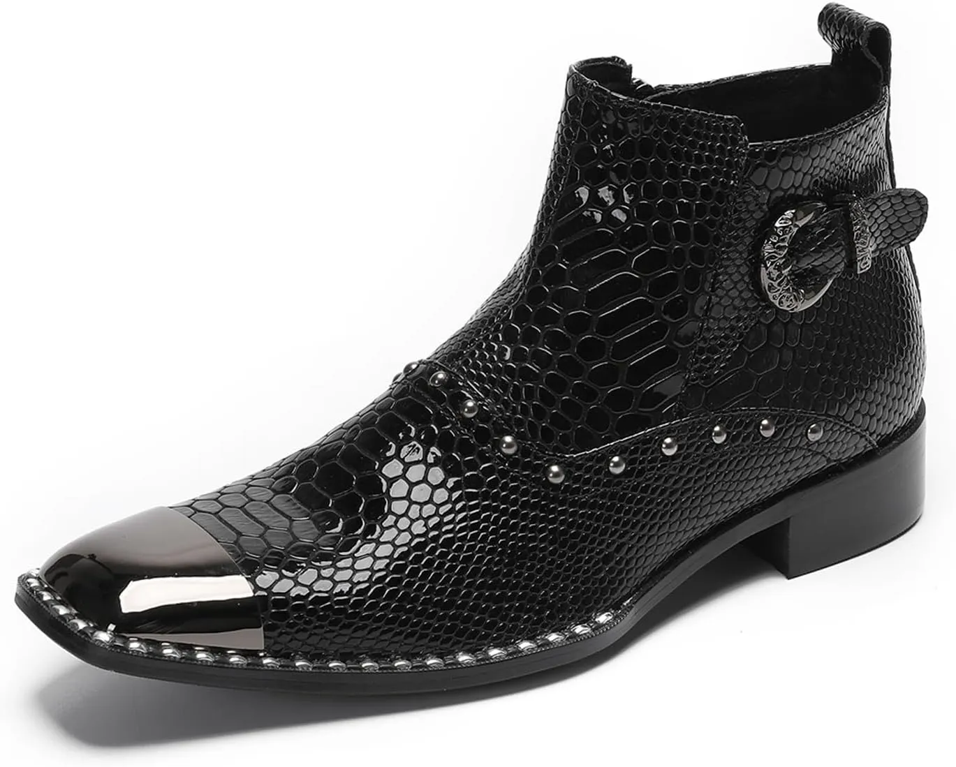 Santimon Men's Chelsea Boots Casual Dress Genuine Leather Ankle Boots Metal-Square Toe Snakeskin Texture Beads Western Boots Fashion Prom Wedding Tuxedo Ballroom Party Disco Cowboy Boots for Men