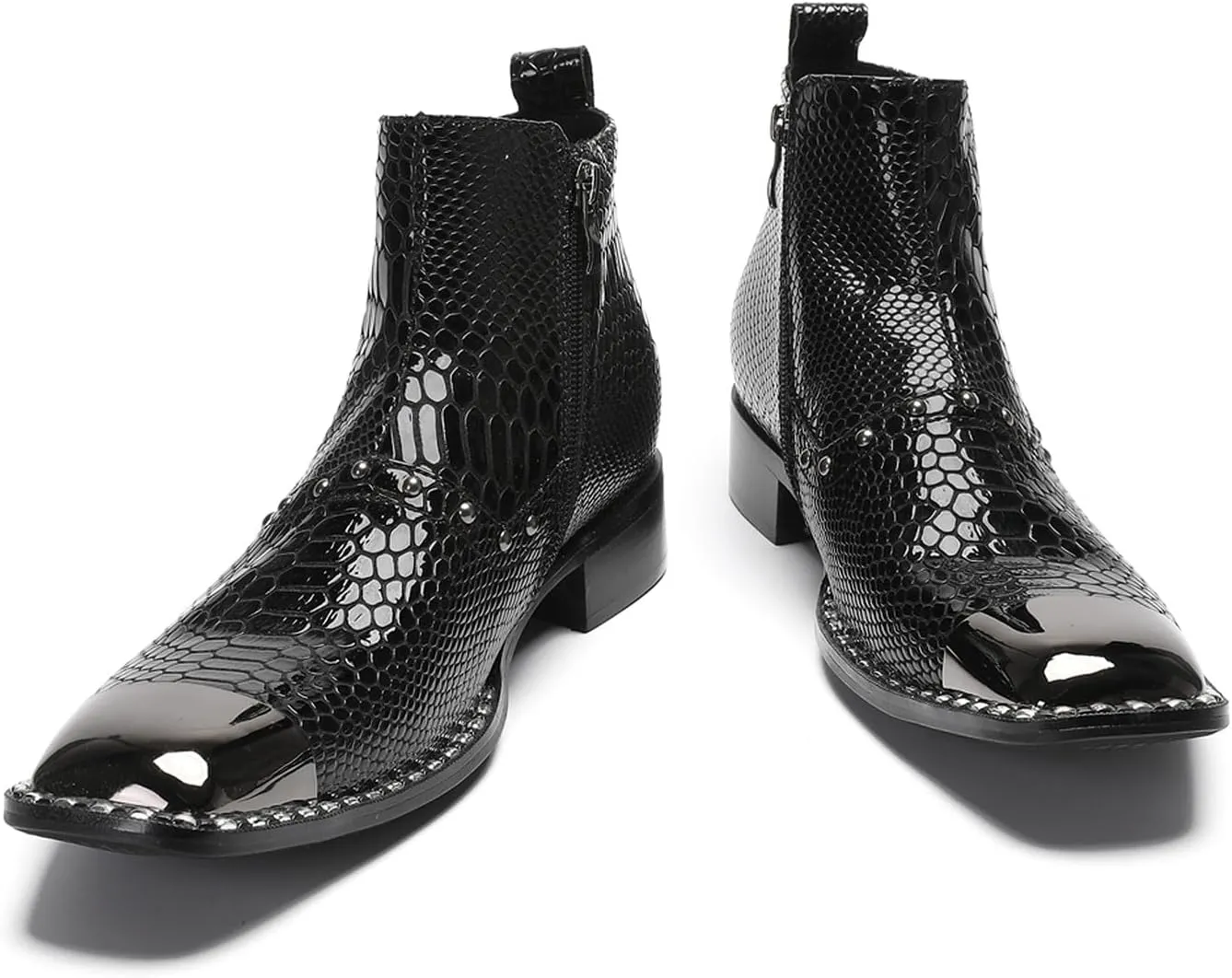Santimon Men's Chelsea Boots Casual Dress Genuine Leather Ankle Boots Metal-Square Toe Snakeskin Texture Beads Western Boots Fashion Prom Wedding Tuxedo Ballroom Party Disco Cowboy Boots for Men