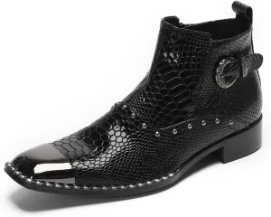 Santimon Men's Chelsea Boots Casual Dress Genuine Leather Ankle Boots Metal-Square Toe Snakeskin Texture Beads Western Boots Fashion Prom Wedding Tuxedo Ballroom Party Disco Cowboy Boots for Men