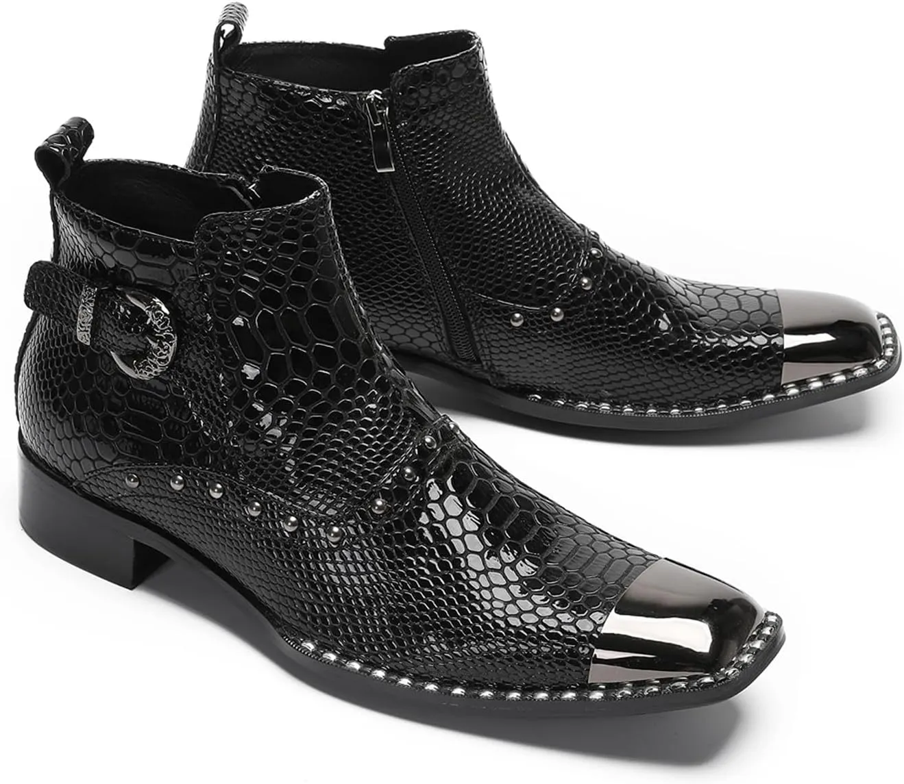 Santimon Men's Chelsea Boots Casual Dress Genuine Leather Ankle Boots Metal-Square Toe Snakeskin Texture Beads Western Boots Fashion Prom Wedding Tuxedo Ballroom Party Disco Cowboy Boots for Men