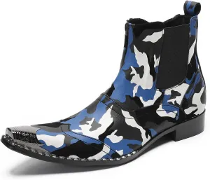 Santimon Men's Chelsea Boots Casual Dress Genuine Leather Ankle Boots Metal Wingtip Toe Zipper Western Boots Fashion Prom Wedding Tuxedo Ballroom Party Disco Cowboy Boots for Men