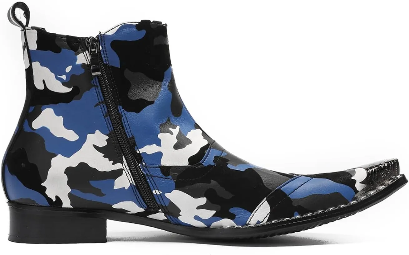 Santimon Men's Chelsea Boots Casual Dress Genuine Leather Ankle Boots Metal Wingtip Toe Zipper Western Boots Fashion Prom Wedding Tuxedo Ballroom Party Disco Cowboy Boots for Men