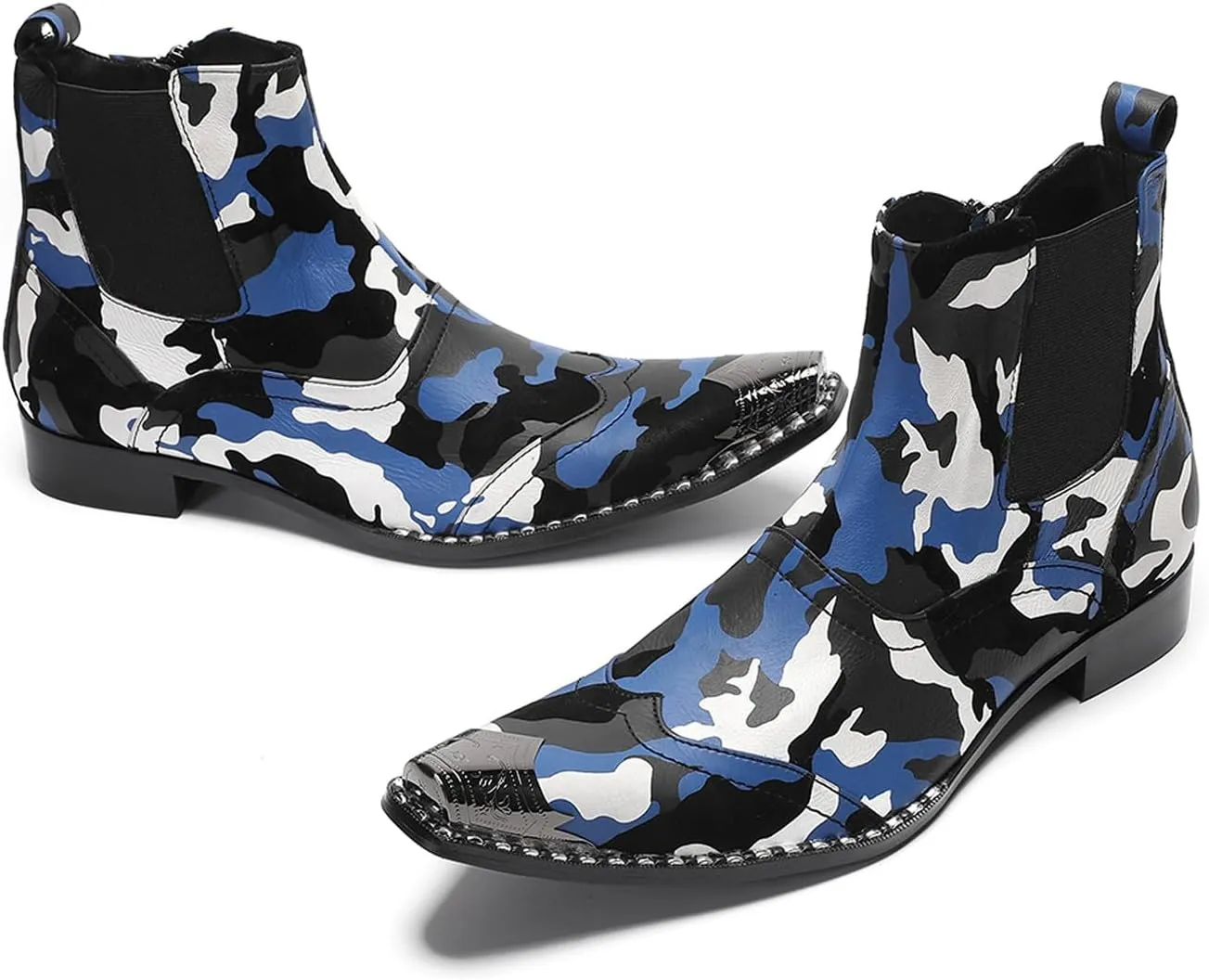 Santimon Men's Chelsea Boots Casual Dress Genuine Leather Ankle Boots Metal Wingtip Toe Zipper Western Boots Fashion Prom Wedding Tuxedo Ballroom Party Disco Cowboy Boots for Men