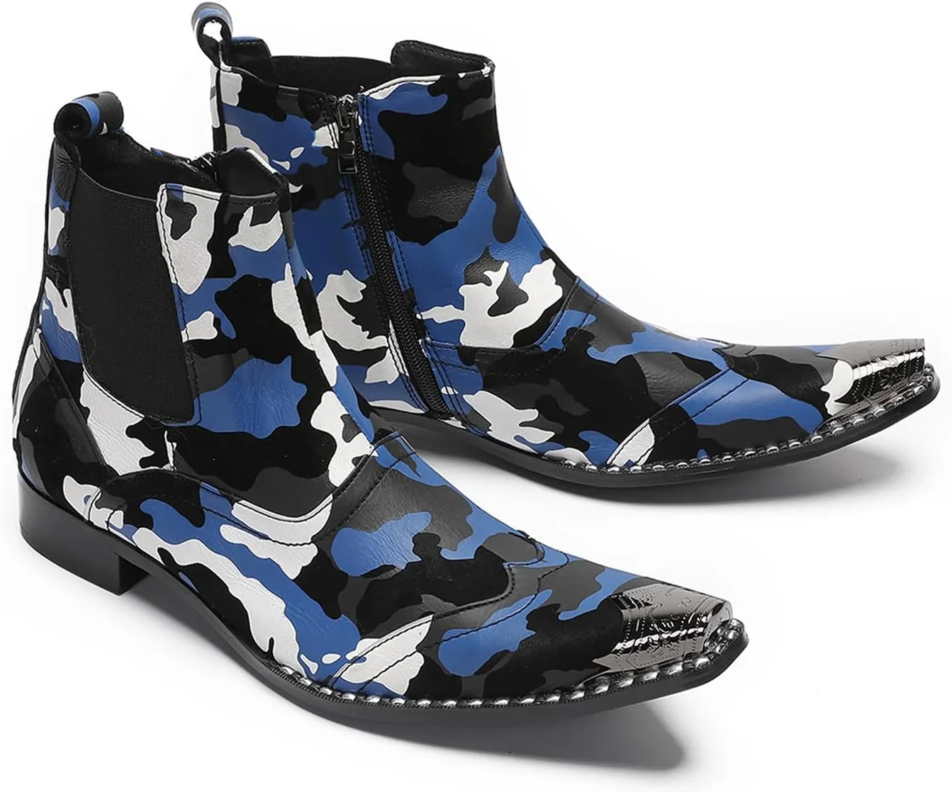 Santimon Men's Chelsea Boots Casual Dress Genuine Leather Ankle Boots Metal Wingtip Toe Zipper Western Boots Fashion Prom Wedding Tuxedo Ballroom Party Disco Cowboy Boots for Men