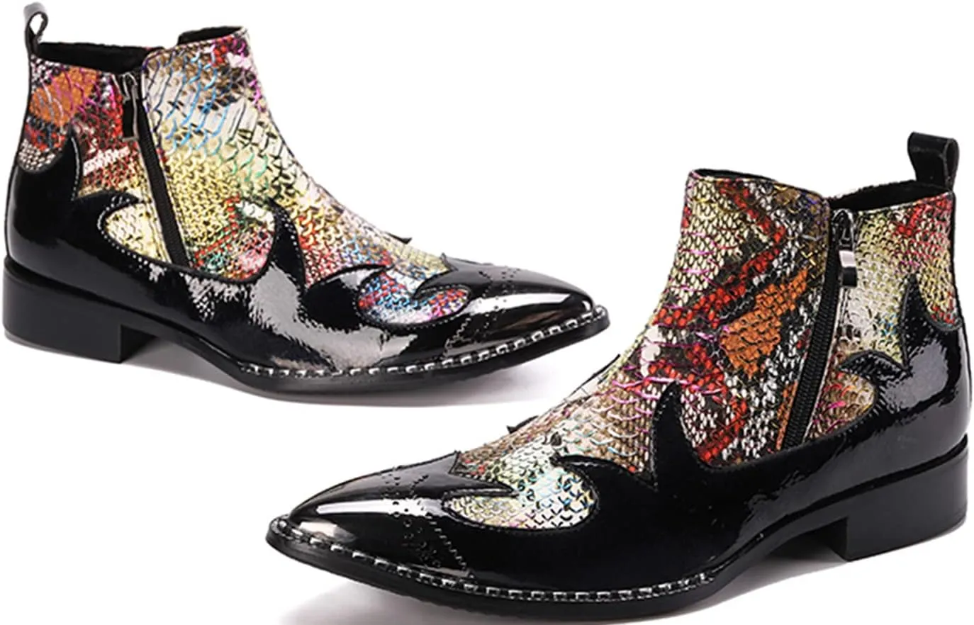 Santimon Mens Chelsea Boots Dress Casual Party Metal Tip Toe Genuine Leather Double Zipper Two Tone Ankle Boots Fashion Western Cowboy Disco Ballroom Wedding Tuxedo Chukka Boots