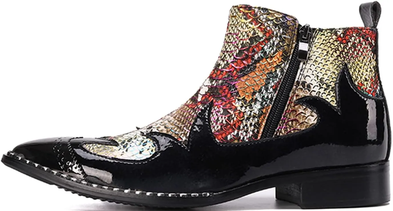Santimon Mens Chelsea Boots Dress Casual Party Metal Tip Toe Genuine Leather Double Zipper Two Tone Ankle Boots Fashion Western Cowboy Disco Ballroom Wedding Tuxedo Chukka Boots