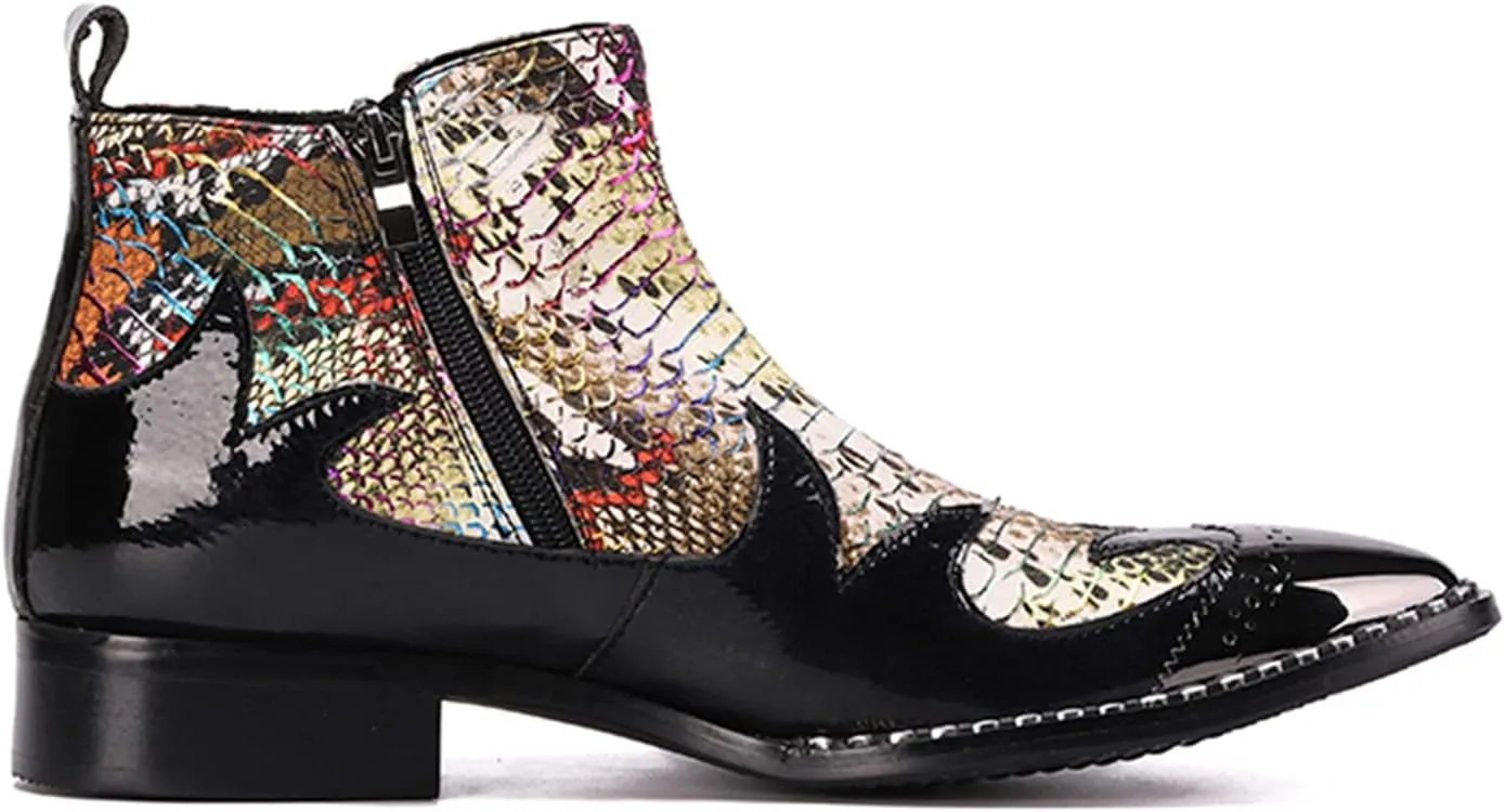Santimon Mens Chelsea Boots Dress Casual Party Metal Tip Toe Genuine Leather Double Zipper Two Tone Ankle Boots Fashion Western Cowboy Disco Ballroom Wedding Tuxedo Chukka Boots