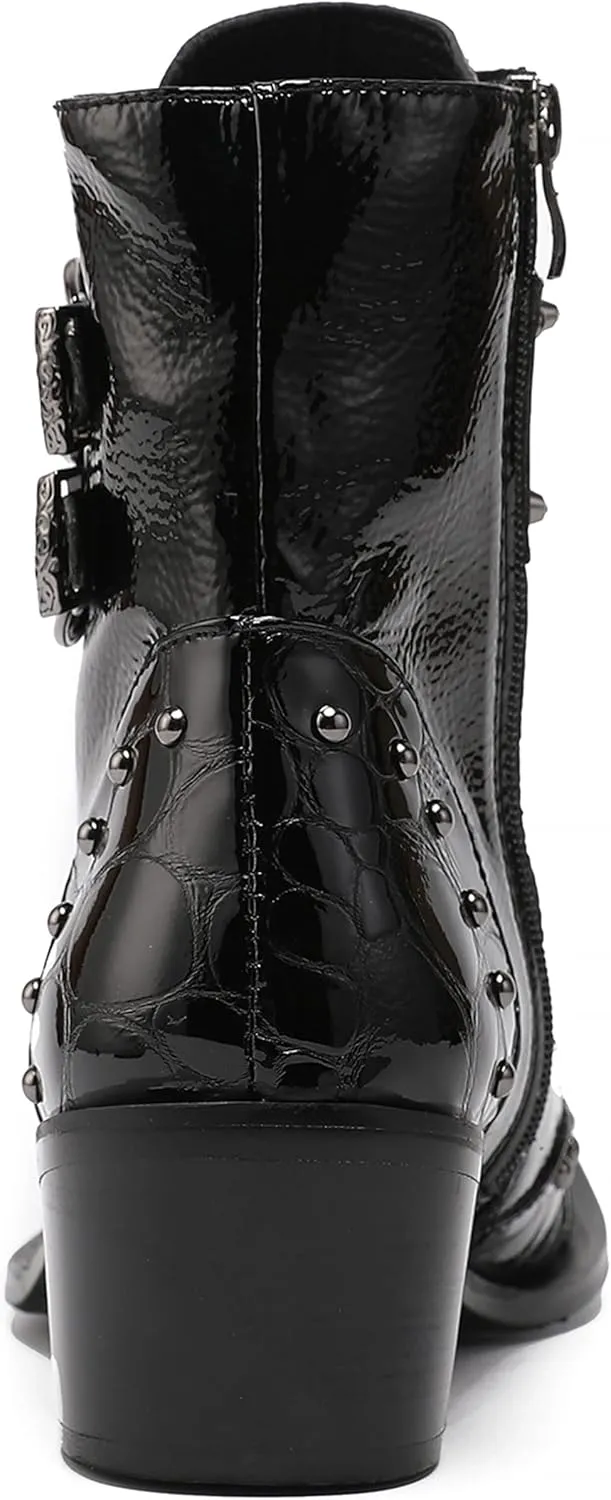 Santimon Mens Oxfords Boots Casual Dress Cowboy Boots Genuine Leather Metal Wingtip Toe Rivets Western Boots Fashion Prom Wedding Ballroom Tuxedo Party Disco Rock Singer Mid Top Boots for Men
