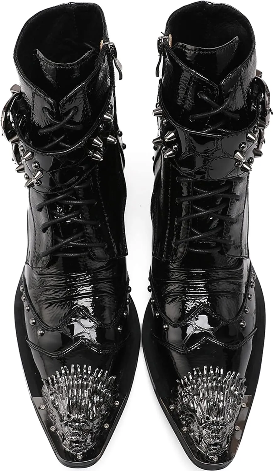 Santimon Mens Oxfords Boots Casual Dress Cowboy Boots Genuine Leather Metal Wingtip Toe Rivets Western Boots Fashion Prom Wedding Ballroom Tuxedo Party Disco Rock Singer Mid Top Boots for Men