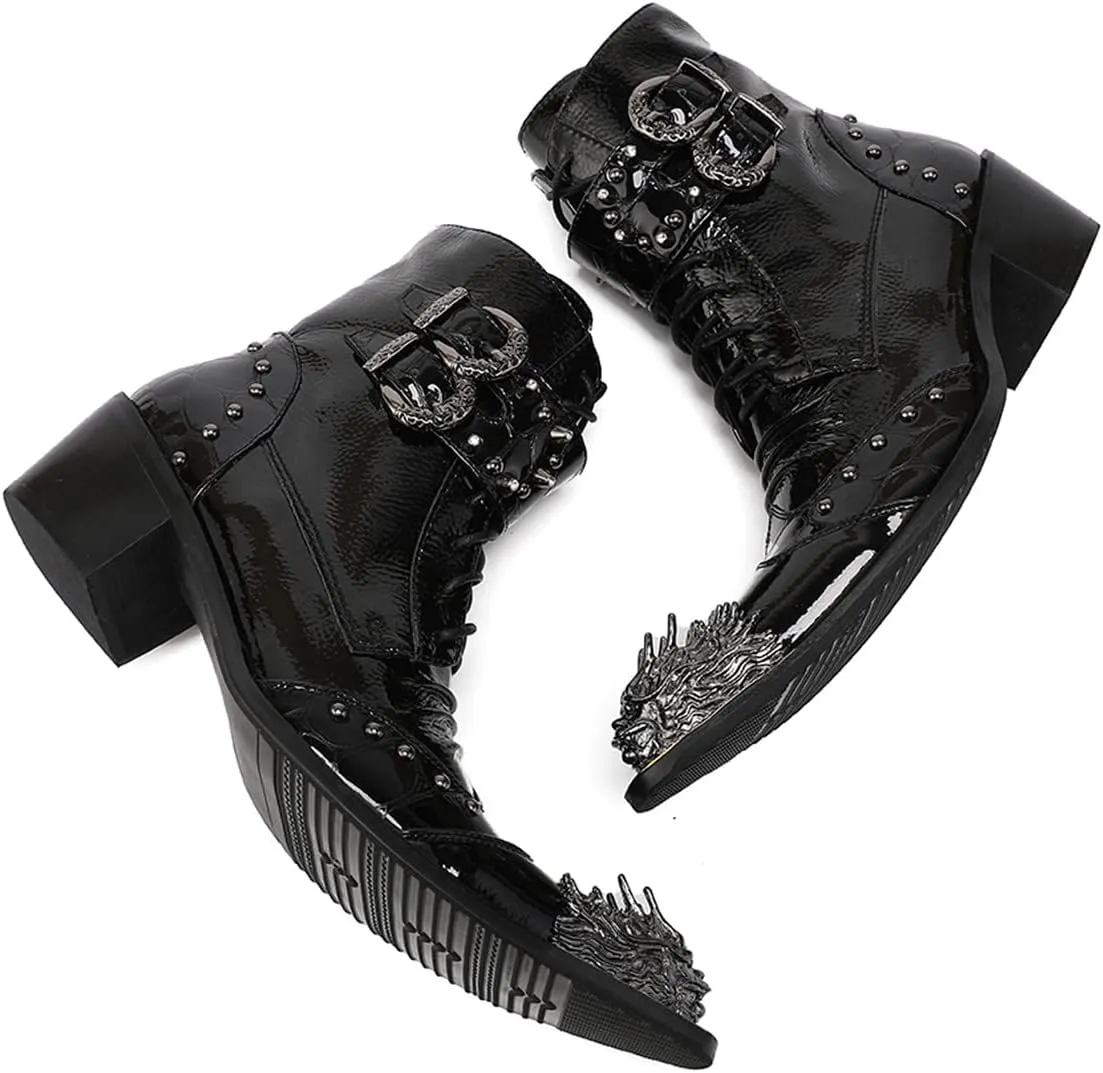 Santimon Mens Oxfords Boots Casual Dress Cowboy Boots Genuine Leather Metal Wingtip Toe Rivets Western Boots Fashion Prom Wedding Ballroom Tuxedo Party Disco Rock Singer Mid Top Boots for Men