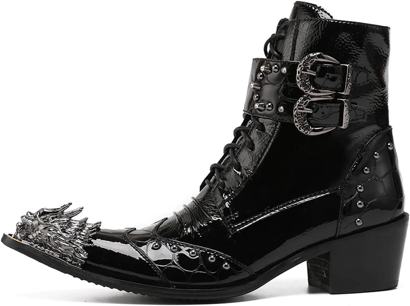 Santimon Mens Oxfords Boots Casual Dress Cowboy Boots Genuine Leather Metal Wingtip Toe Rivets Western Boots Fashion Prom Wedding Ballroom Tuxedo Party Disco Rock Singer Mid Top Boots for Men