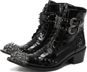 Santimon Mens Oxfords Boots Casual Dress Cowboy Boots Genuine Leather Metal Wingtip Toe Rivets Western Boots Fashion Prom Wedding Ballroom Tuxedo Party Disco Rock Singer Mid Top Boots for Men