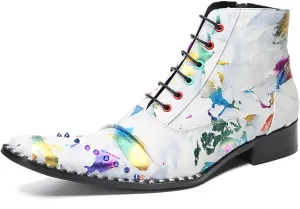 Santimon Mens Oxfords Boots Casual Dress Genuine Leather Cowboy Boots Zipper On Side Colorful Rivets Chelsea Boots Fashion Prom Wedding Tuxedo Party Disco Ballroom Graffiti Ankle Boots for Men