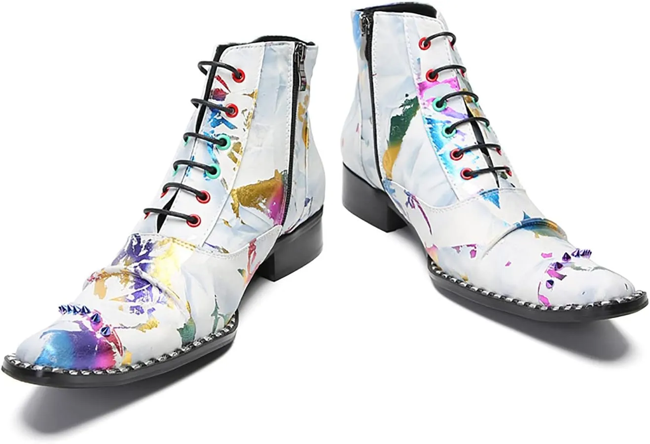 Santimon Mens Oxfords Boots Casual Dress Genuine Leather Cowboy Boots Zipper On Side Colorful Rivets Chelsea Boots Fashion Prom Wedding Tuxedo Party Disco Ballroom Graffiti Ankle Boots for Men