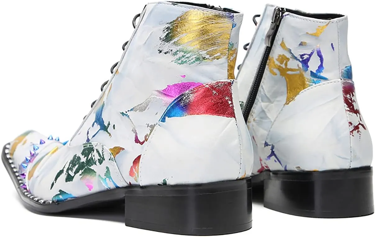 Santimon Mens Oxfords Boots Casual Dress Genuine Leather Cowboy Boots Zipper On Side Colorful Rivets Chelsea Boots Fashion Prom Wedding Tuxedo Party Disco Ballroom Graffiti Ankle Boots for Men