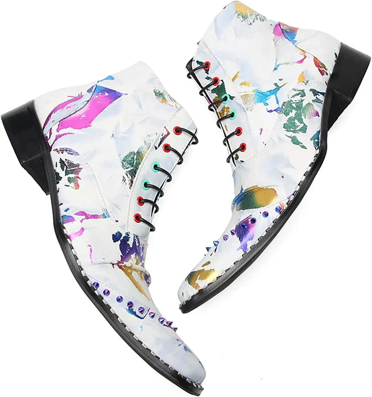 Santimon Mens Oxfords Boots Casual Dress Genuine Leather Cowboy Boots Zipper On Side Colorful Rivets Chelsea Boots Fashion Prom Wedding Tuxedo Party Disco Ballroom Graffiti Ankle Boots for Men