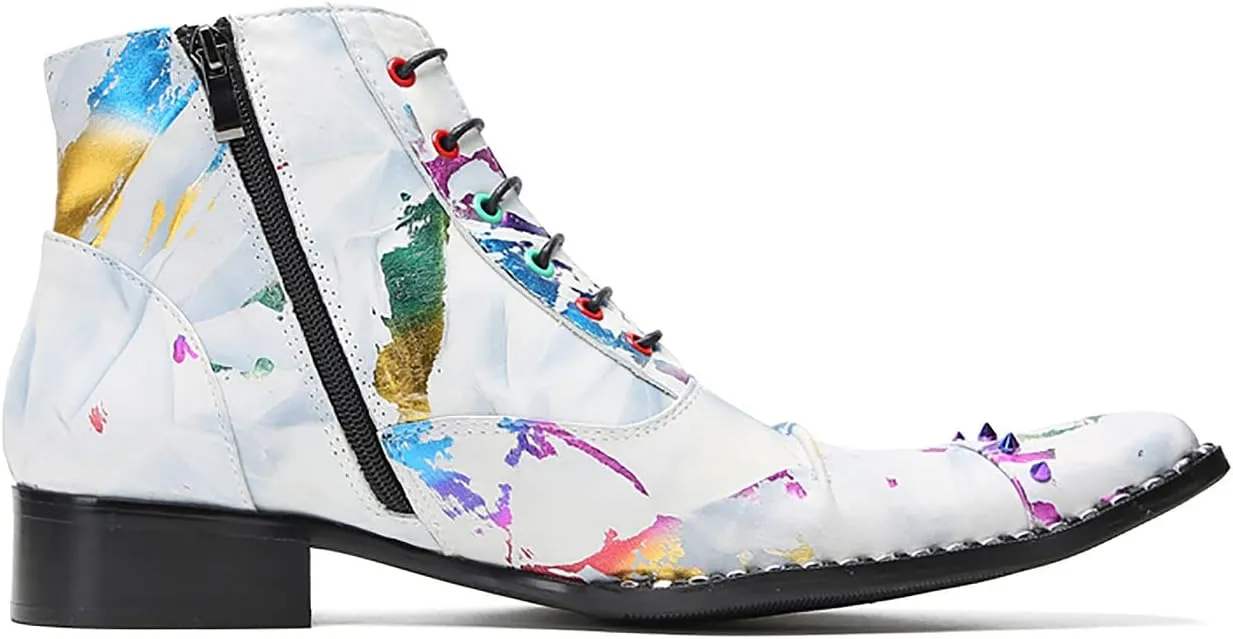 Santimon Mens Oxfords Boots Casual Dress Genuine Leather Cowboy Boots Zipper On Side Colorful Rivets Chelsea Boots Fashion Prom Wedding Tuxedo Party Disco Ballroom Graffiti Ankle Boots for Men