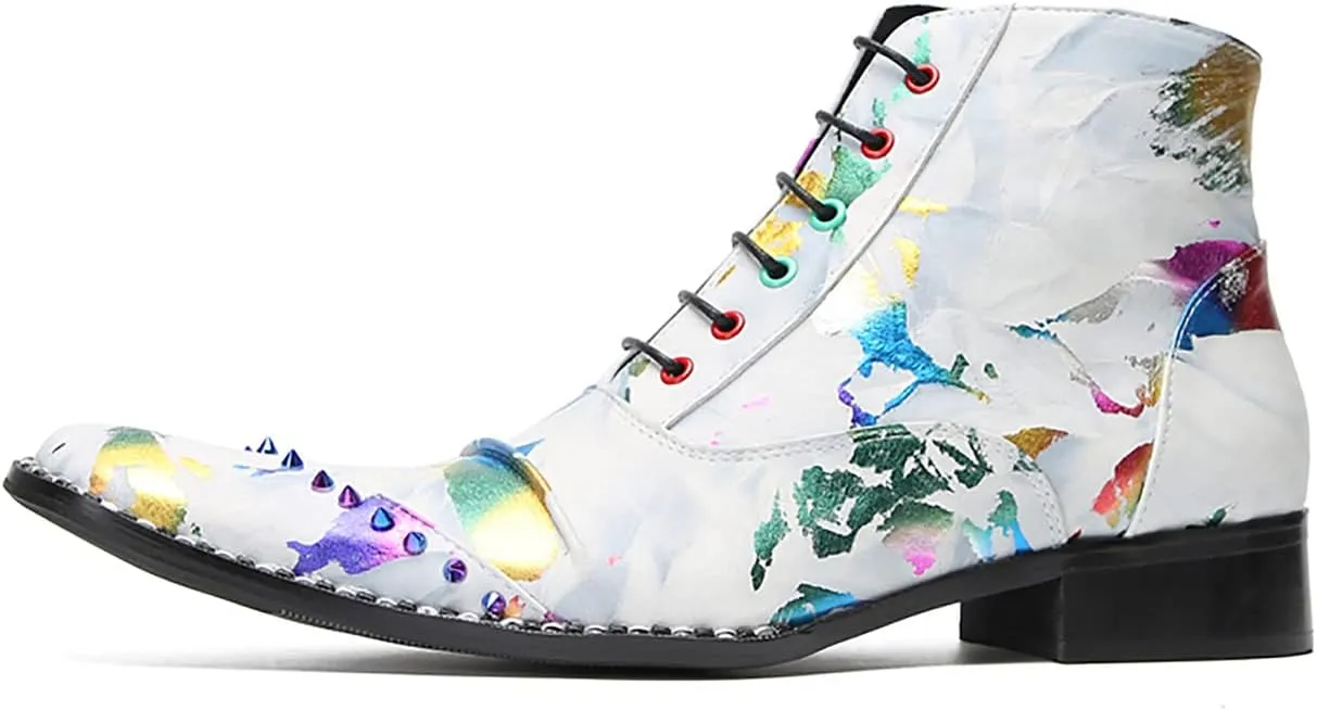 Santimon Mens Oxfords Boots Casual Dress Genuine Leather Cowboy Boots Zipper On Side Colorful Rivets Chelsea Boots Fashion Prom Wedding Tuxedo Party Disco Ballroom Graffiti Ankle Boots for Men