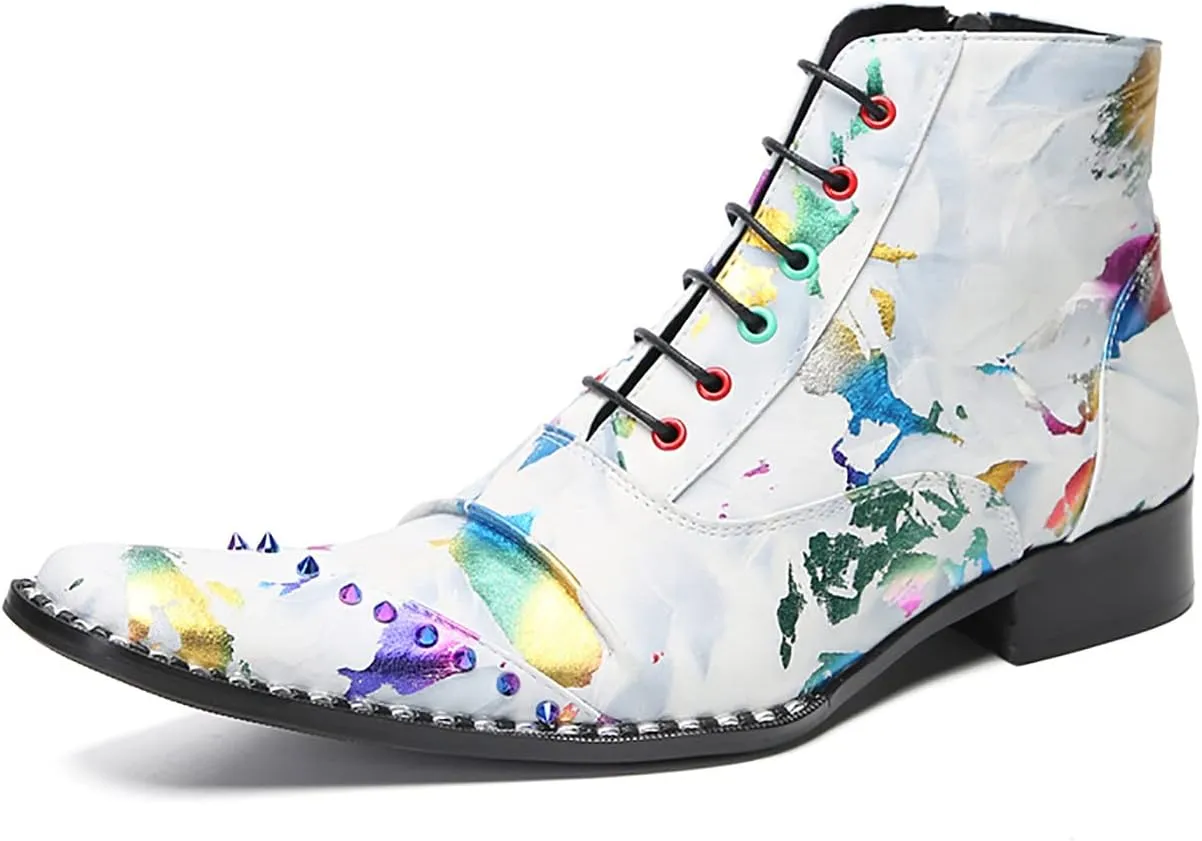 Santimon Mens Oxfords Boots Casual Dress Genuine Leather Cowboy Boots Zipper On Side Colorful Rivets Chelsea Boots Fashion Prom Wedding Tuxedo Party Disco Ballroom Graffiti Ankle Boots for Men