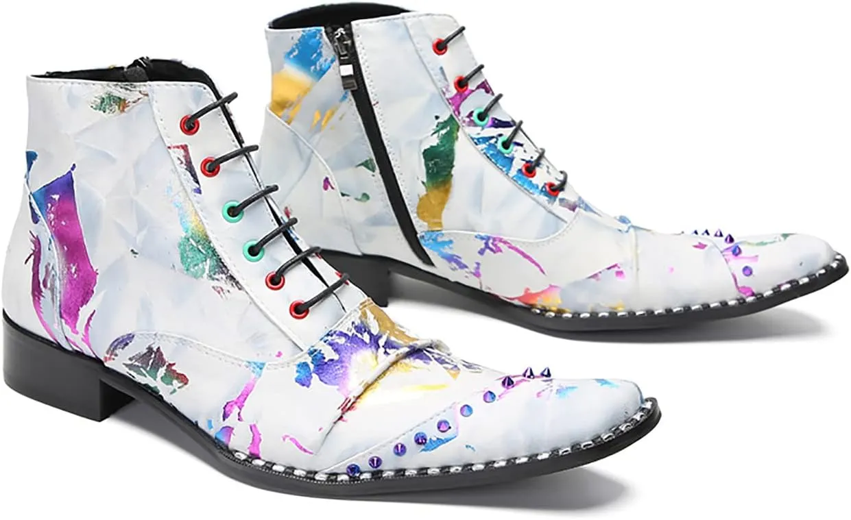 Santimon Mens Oxfords Boots Casual Dress Genuine Leather Cowboy Boots Zipper On Side Colorful Rivets Chelsea Boots Fashion Prom Wedding Tuxedo Party Disco Ballroom Graffiti Ankle Boots for Men