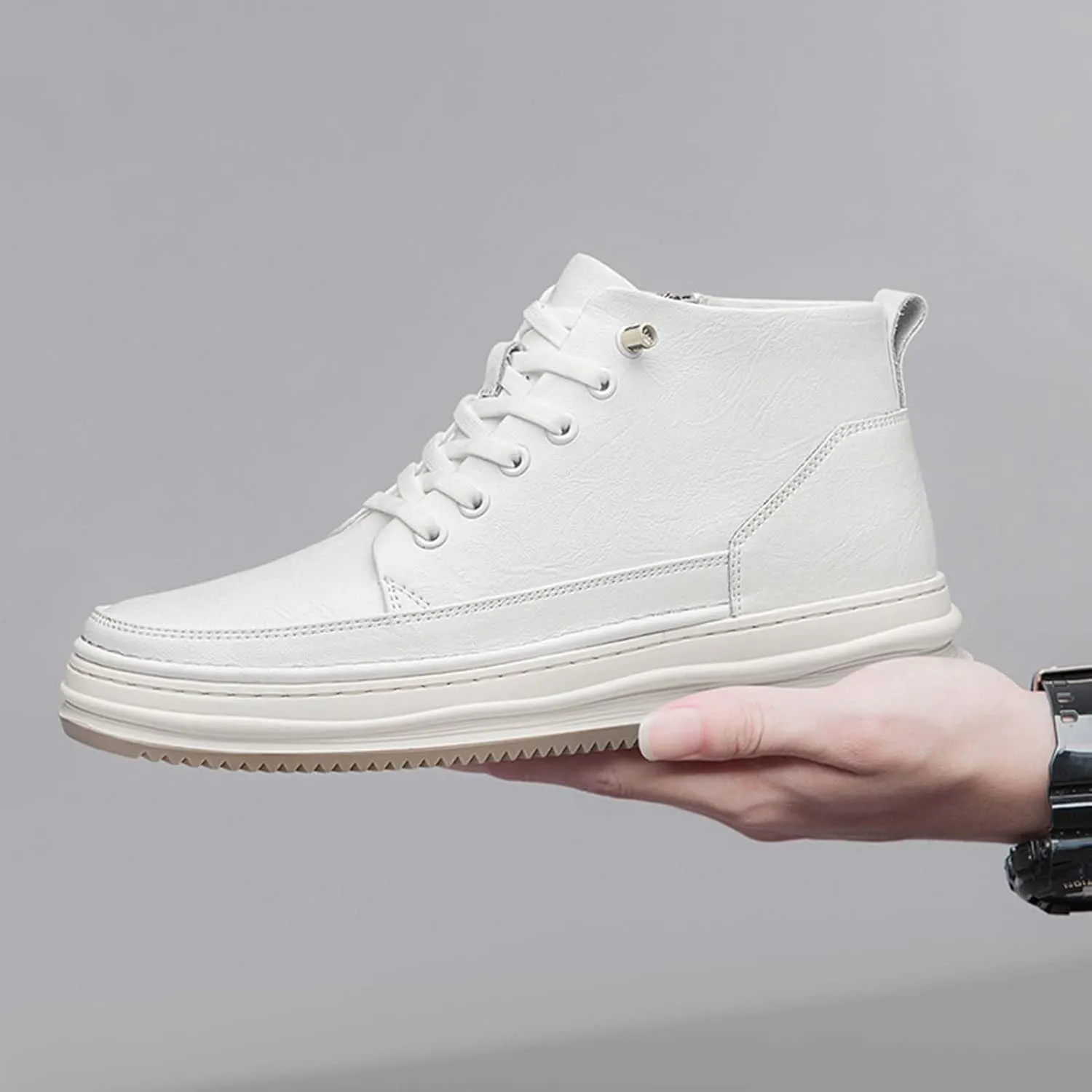SECHRITE Mens Elevator Boots Mid-top Invisible Height Increasing Elevator Shoes 2.4 Inches Taller Leather Casual Boots