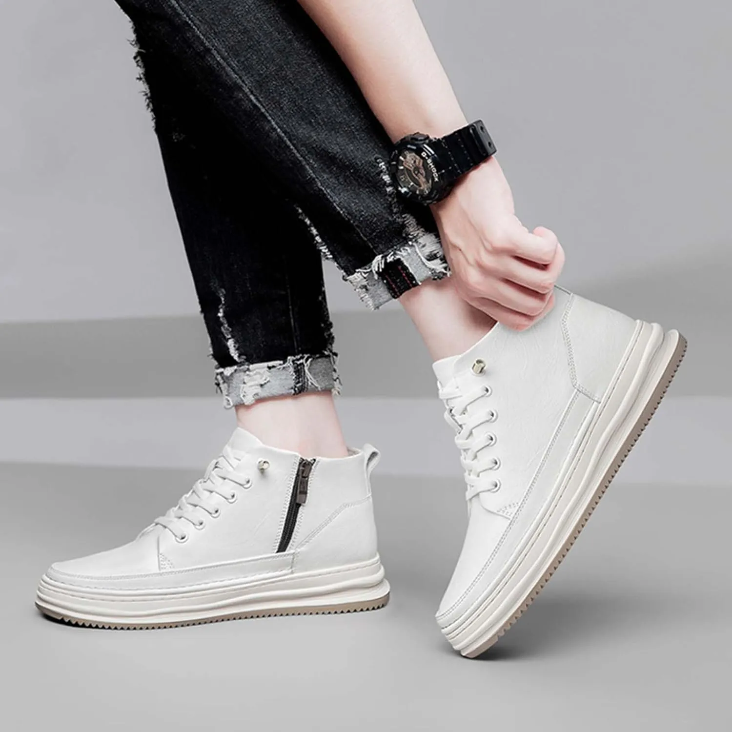 SECHRITE Mens Elevator Boots Mid-top Invisible Height Increasing Elevator Shoes 2.4 Inches Taller Leather Casual Boots