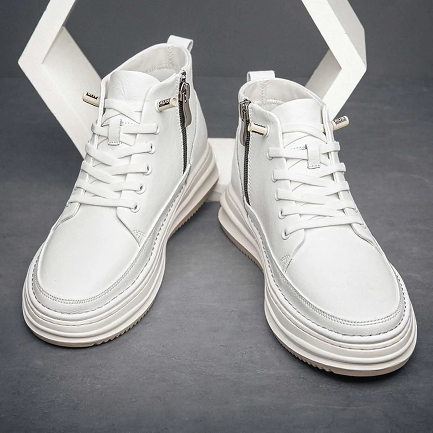 SECHRITE Mens Elevator Boots Mid-top Invisible Height Increasing Elevator Shoes 2.4 Inches Taller Leather Casual Boots