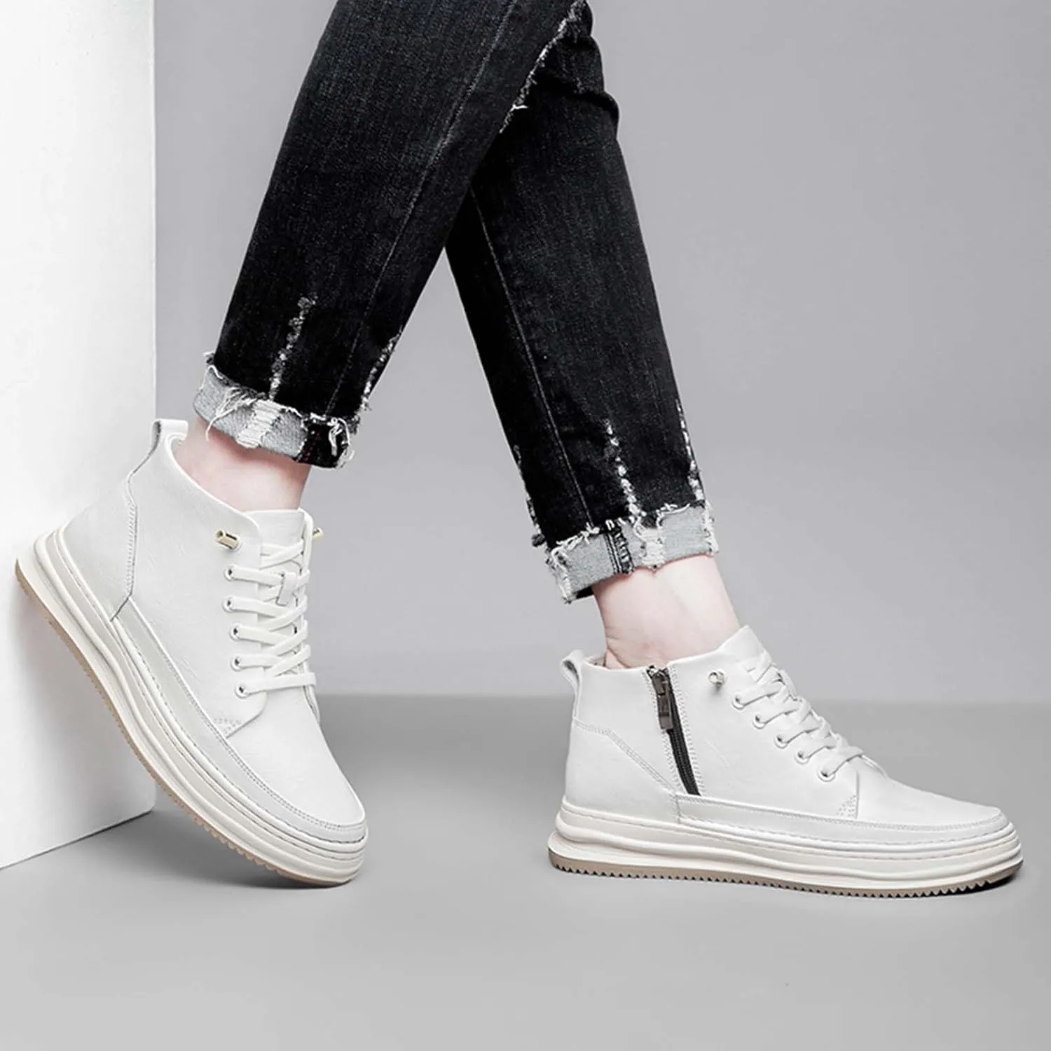 SECHRITE Mens Elevator Boots Mid-top Invisible Height Increasing Elevator Shoes 2.4 Inches Taller Leather Casual Boots